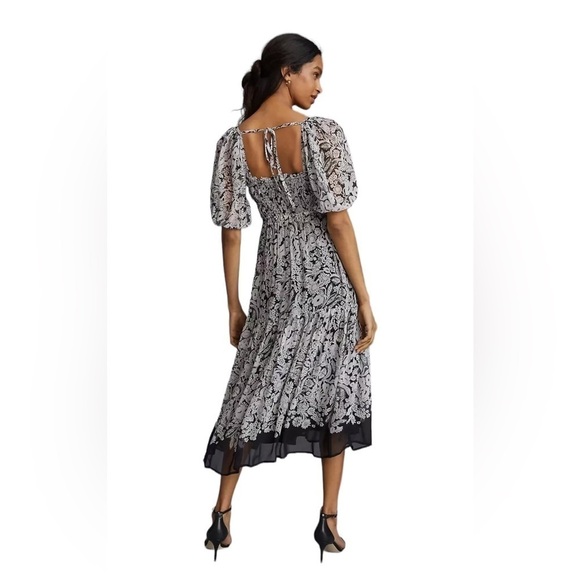 Anthropologie Squareneck Smocked Puff Sleeve Midi Dress Sz M Black White Cottage - Picture 2 of 16